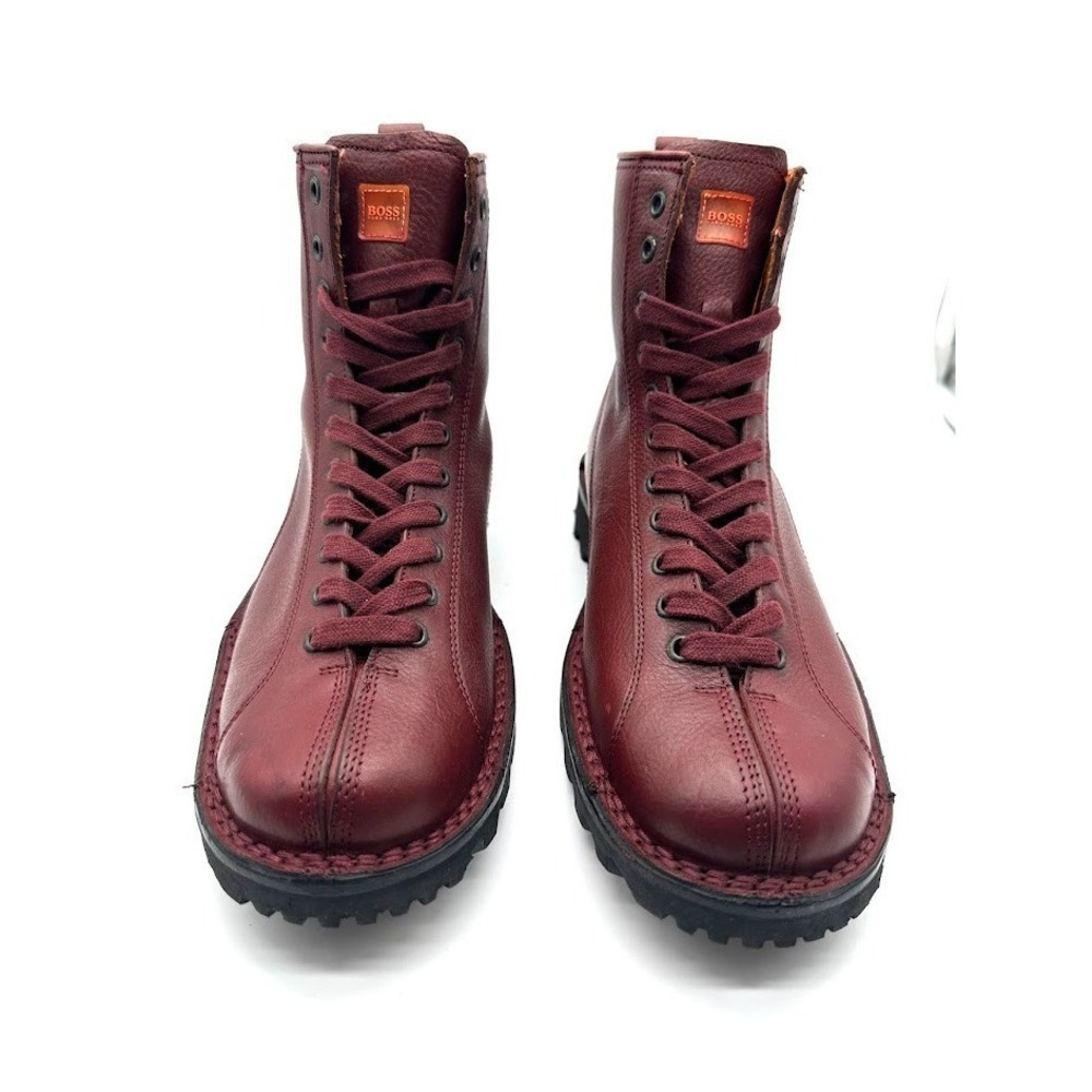 Hugo Boss Leather Combat Boots Burgundy Men EU 41 US 8 Lace Up Designer Luxury